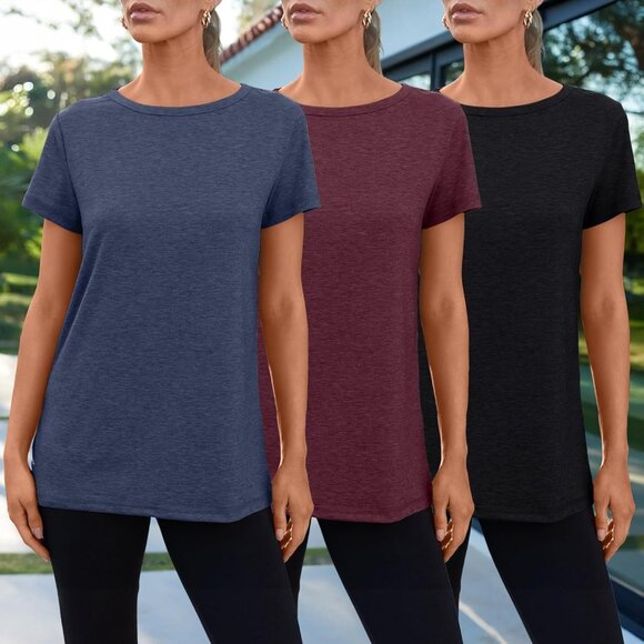 Women's 3 Pack Short Sleeve T-Shirts Breathable Casual Summer Tops - Picture 2 of 4